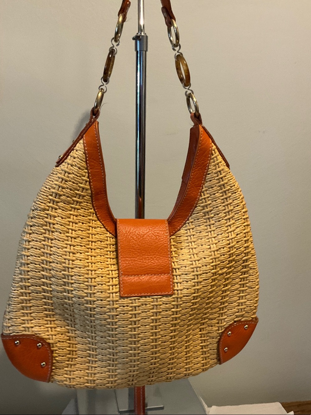 Dolce& Gabbana Vtg.Woven Straw Shoulder Bag with Orange Leather Trim - Picture 6 of 12